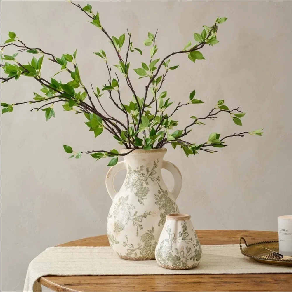 Distressed Floral Vase with Handles - Magnolia